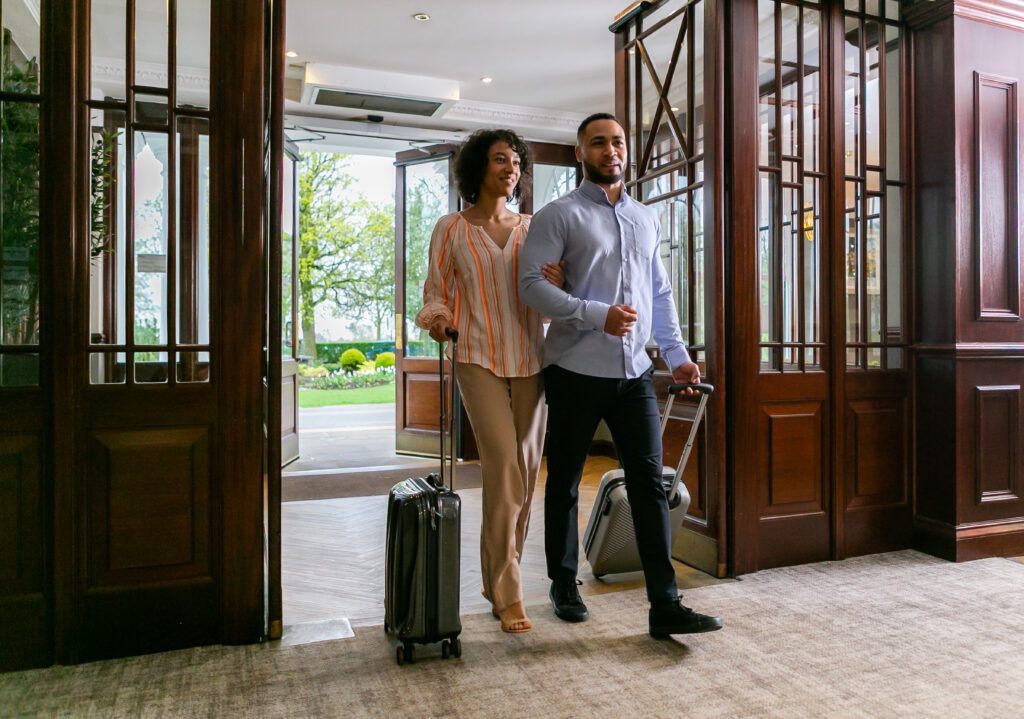 Couple walking into Harrogate reception