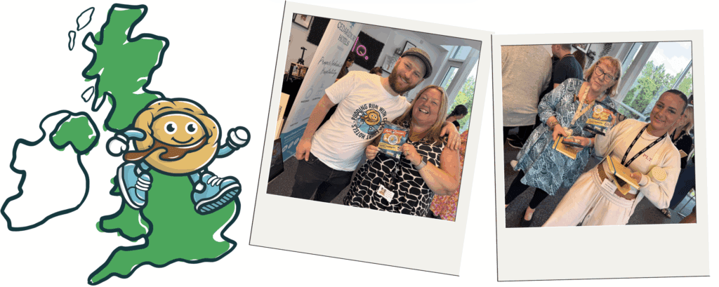 Image of Pudding Run Logo and images of the team out with Agents