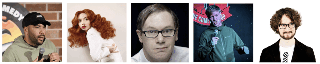 Image of the comedy club lineup for round 3 in the dugout at Huddersfield